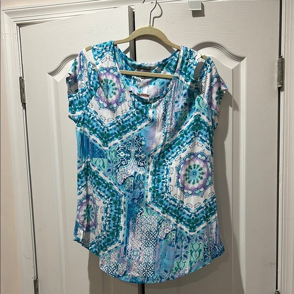 JM Collection L Blue Asymmetrical Blouse cold shoulder arm bright turquoise nwt
